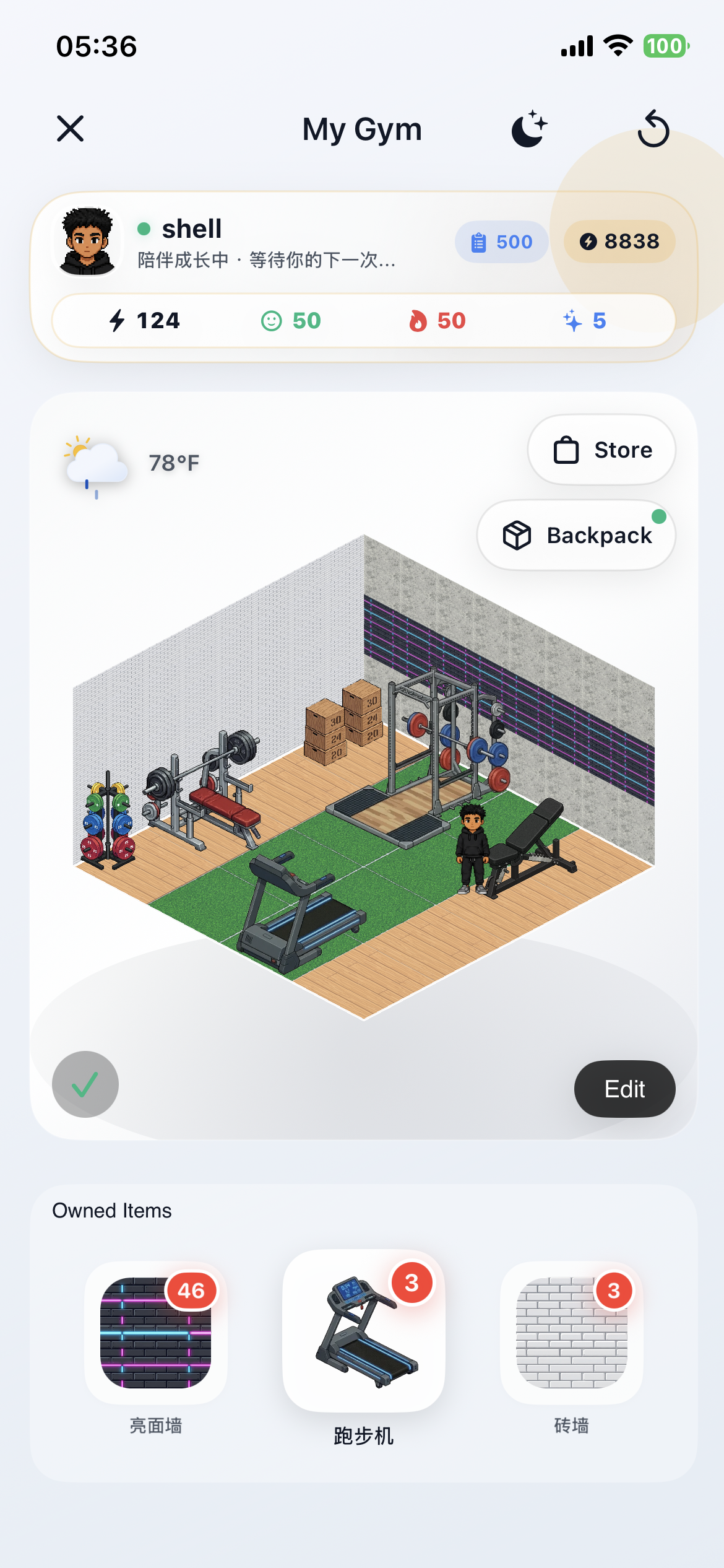 FitFo Cyber Gym showing an AI buddy status card, an isometric gym space, and collectible equipment.