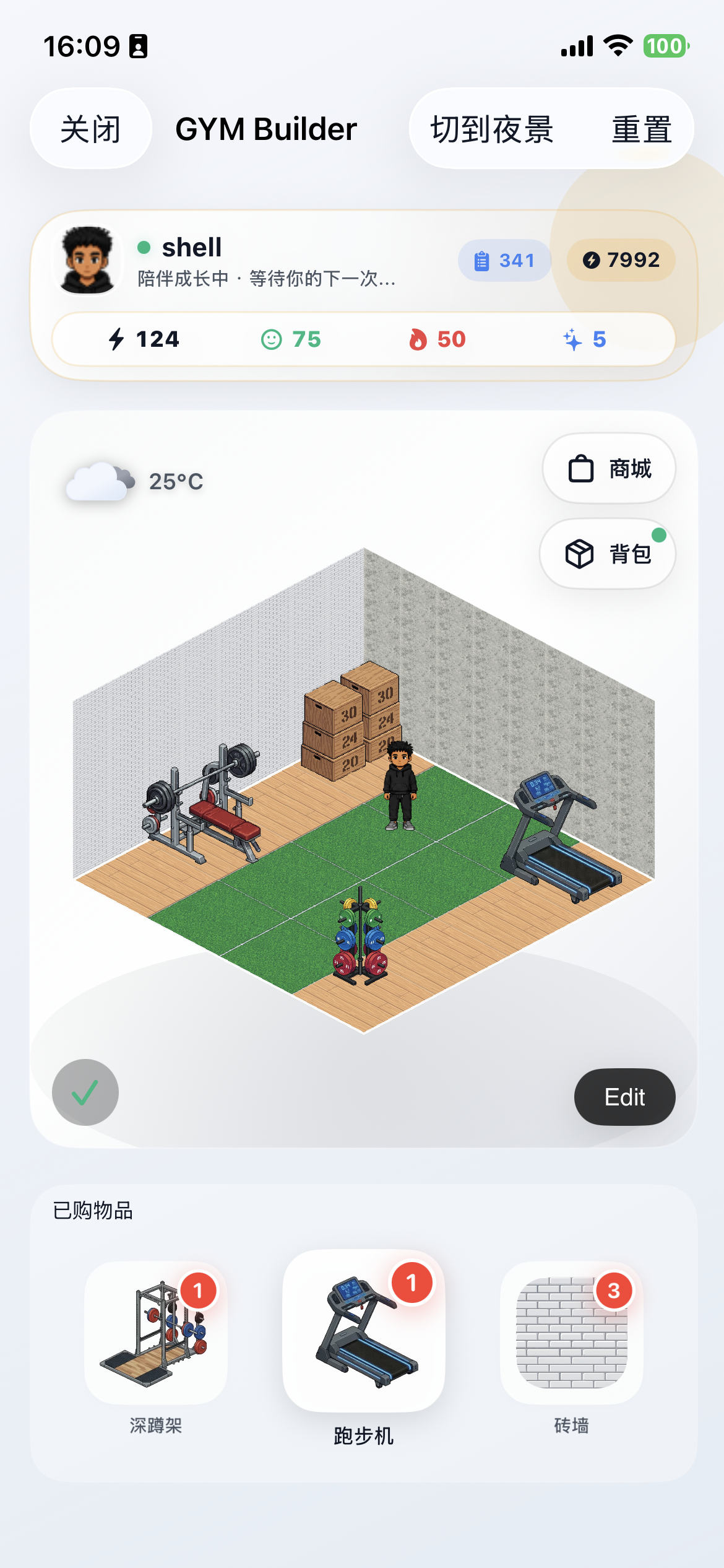FitFo Cyber Gym showing an AI buddy status card, an isometric gym space, and collectible equipment.